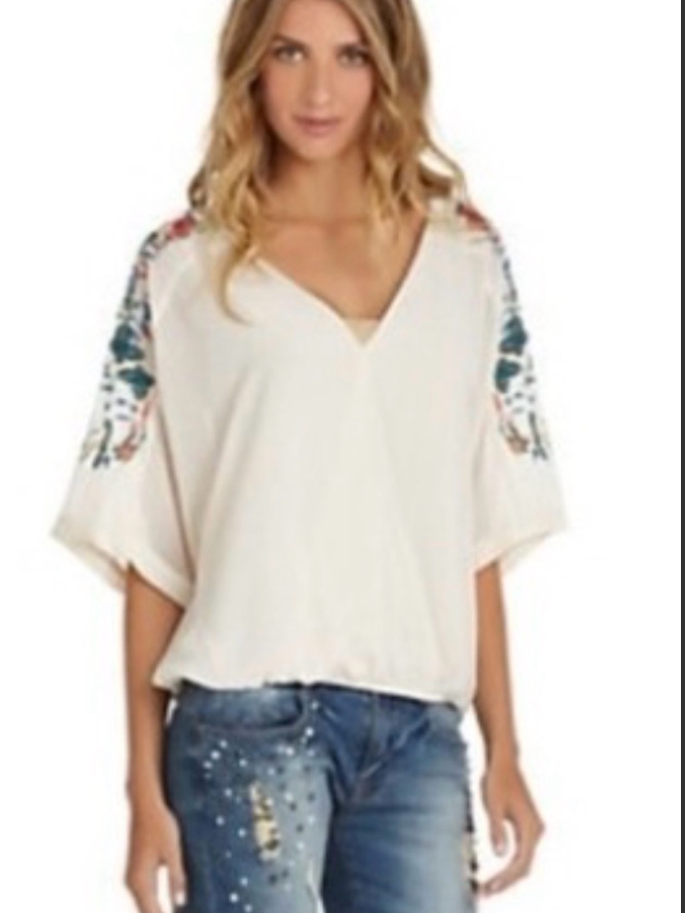 Chelsea & Violet Cream Embroidered Sleeve V-Neck Top Small